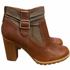 Timberland Leather Heeled Ankle Boots Women’s 9.5 Brown Buckle Zip Earthkeepers